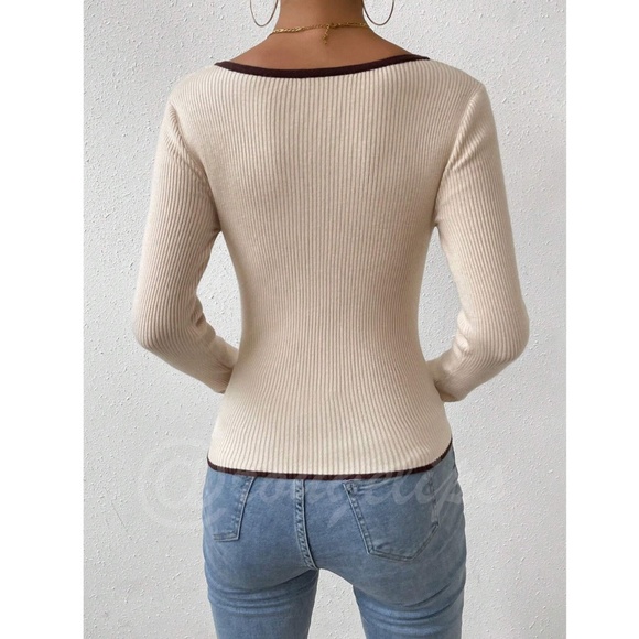 Beige Rib Knit Sweetheart Neck Contrast Brown Trim - Picture 6 of 10